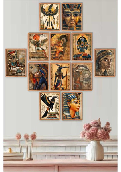 Mısır Temalı Minimalist, Modern Duvar Dekoru 12 Li Set Tablo Ahşap Çerçeve Görünümlü