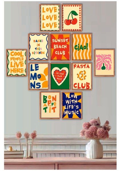 Çerçeve Baskılı Eğlenceli, Abstract, Minimalist, Modern Yiyecekler ve Mutfak Dekoru 12 Li Set Tablo
