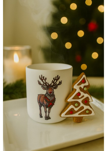 15 cm Yılbaşı Geyikli Beyaz Mini Saksı