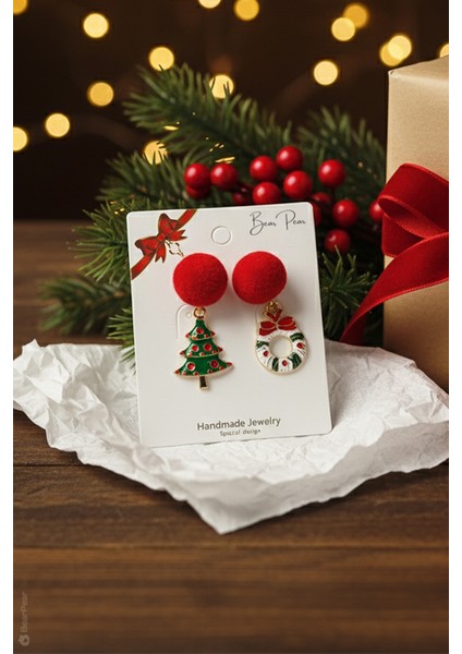 Yılbaşı Çam Ağacı ve Kapı Süsü 2'li Küpe Seti Kadın Çelik Küpe