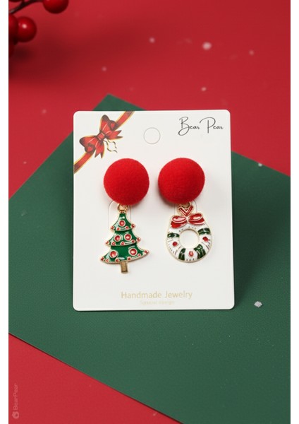 Yılbaşı Çam Ağacı ve Kapı Süsü 2'li Küpe Seti Kadın Çelik Küpe modelleri