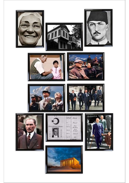 Atatürk Köşesi 12 Li Çerçeve Görünümlü Ahşap Tablo Seti, Mdf Tablo, Atatürk Tablosu