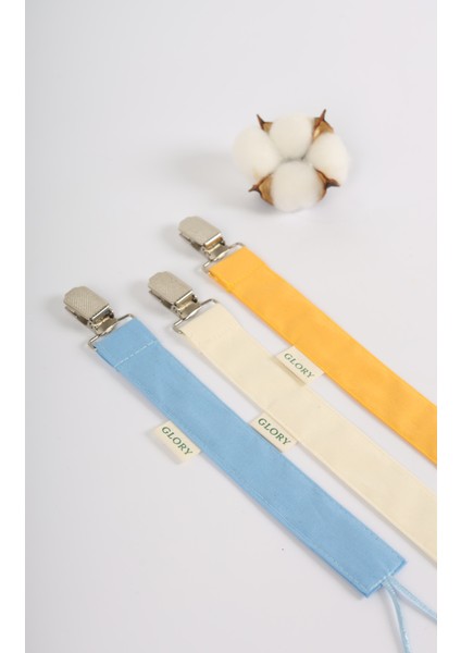 3'lü Set Emzik Askısı - Emzik Zinciri - Emzik Tutacağı - %100 Pamuk - Mavi, Ekru, Sarı fiyatları