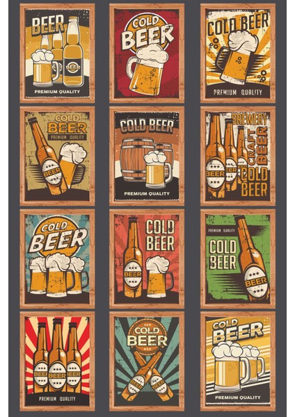 Retro Beer Temalı 12 Parça Renkli Dekoratif Mdf Tablo Seti fiyatları