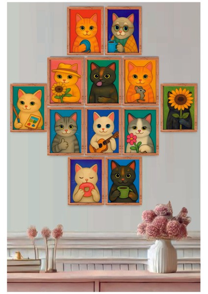 12 Parça Kedi Tablo Seti Ahşap Çerçeve Görünümlü Kedili Mdf Tablo Seti