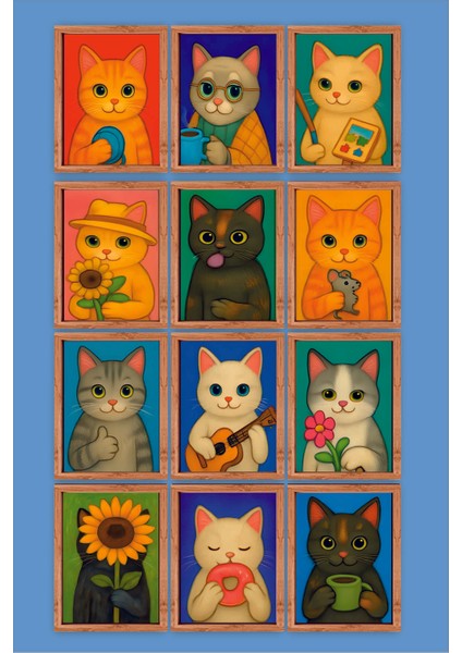 12 Parça Kedi Tablo Seti Ahşap Çerçeve Görünümlü Kedili Mdf Tablo Seti fiyatları