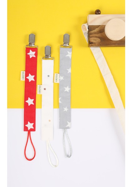 3'lü Set Emzik Askısı - Emzik Zinciri - Emzik Tutacağı - %100 Pamuk - Yıldız Desenler