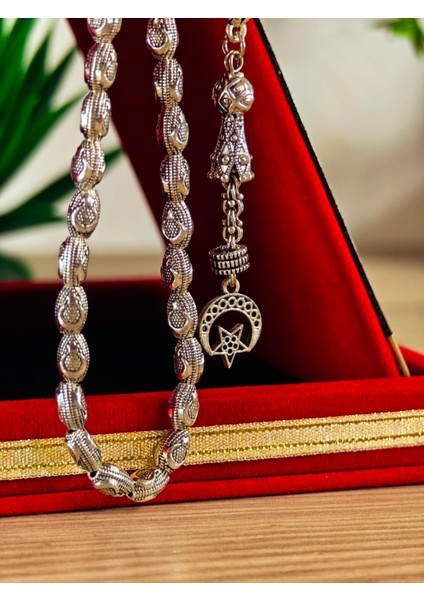 Gümüş Kaplama Yumurta Kesim Ayyıldızlı Tesbih