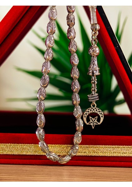 Gümüş Kaplama Yumurta Kesim Ayyıldızlı Tesbih