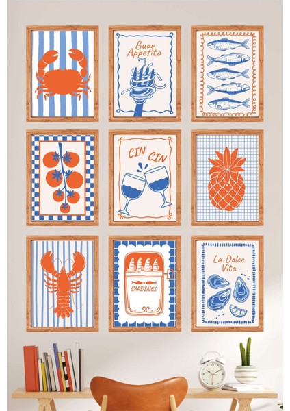 Akdeniz Esintili Retro 9’lu Mdf Duvar Tablo Seti – Mutfak ve Kafe Dekoru