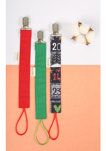 3'lü Set Emzik Askısı - Emzik Zinciri - Emzik Tutacağı - %100 Pamuk - Yılbaşı Konsept