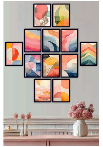 12 Parça Siyah Çerçeve Görünümlü Modern Minimailst Bohemien Sanatsal Tablo Seti 3