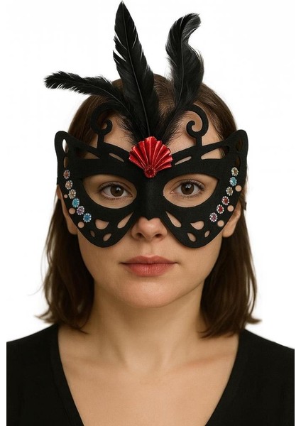 Siyah Renk Siyah Süet Kaplama Tüylü Kelebek Figür Parti Maskesi 24x18 cm