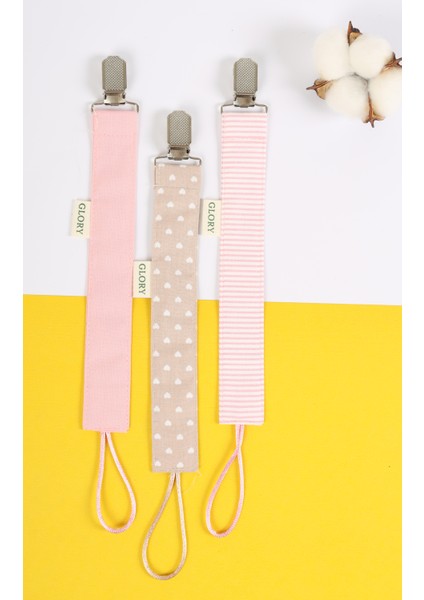 3'lü Set Emzik Askısı - Emzik Zinciri - Emzik Tutacağı - %100 Pamuk - Kalp Desenli