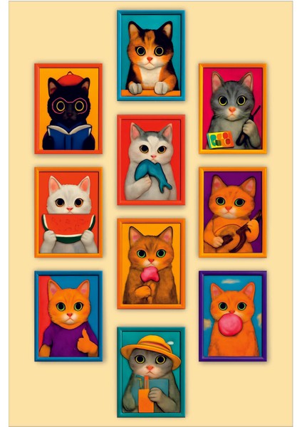 10 Parça Kedi Tablo Seti Ahşap Çerçeve Görüntülü Kedili Mdf Tablo Seti