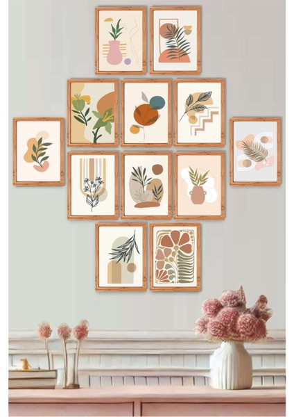 12 Parça Ahşap Çerçeve Görünümlü Modern Minimailst Bohemien Sanatsal Tablo Seti