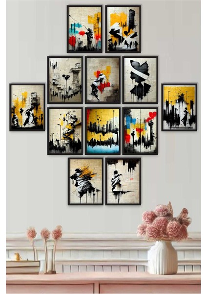 12 Parça Siyah Çerçeve Görünümlü Modern Graffiti Sanatsal Tablo Seti