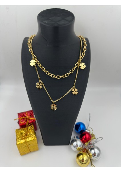 Iki Katlı Altın Rengi Yonca Zincir Kolye – Şans ve Zarafeti Bir Arada