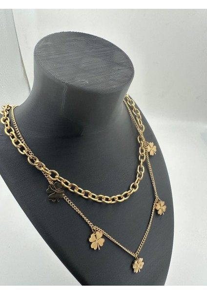 Iki Katlı Altın Rengi Yonca Zincir Kolye – Şans ve Zarafeti Bir Arada fiyatları