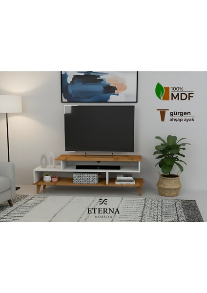 Asima Tv Ünitesi | Beyaz- Çam | Tamamı Mdf | Ahşap Ayak | 150 cm fiyatları