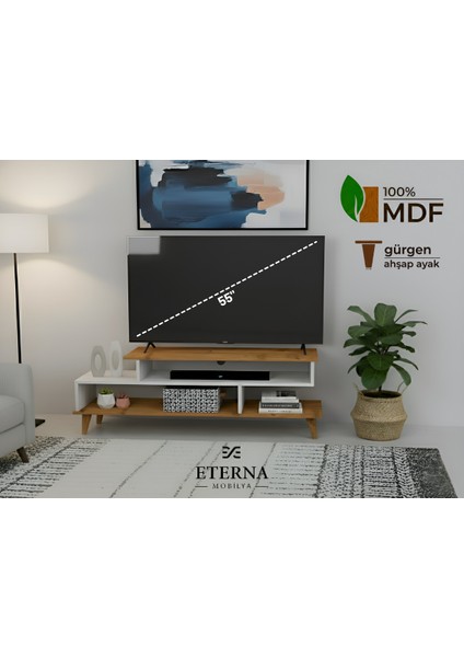 Asima Tv Ünitesi | Beyaz- Çam | Tamamı Mdf | Ahşap Ayak | 150 cm fırsatları