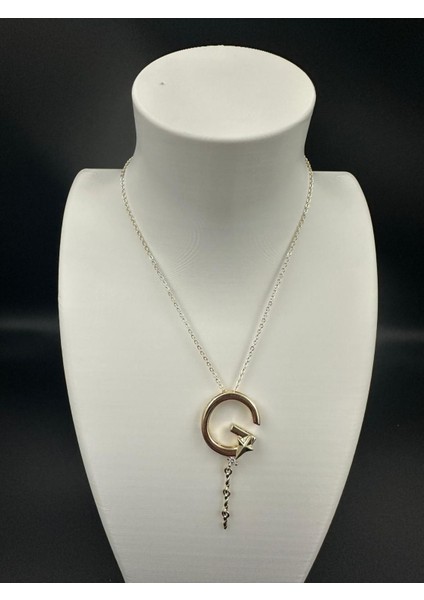 Altın Rengi G Harfi Yıldız ve Taş Detaylı Çelik Kolye