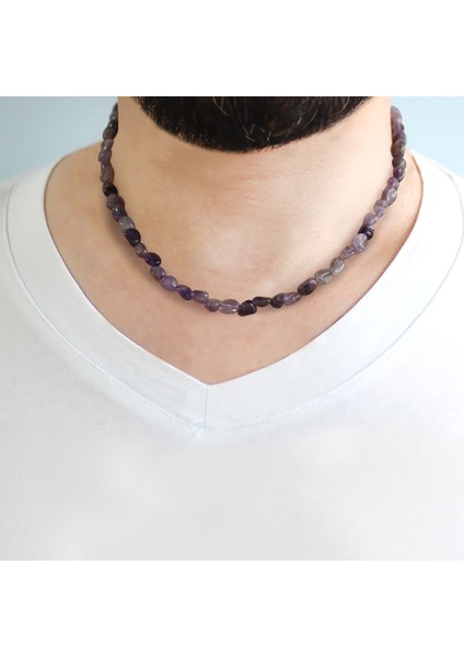 Gümüş Renk Metal Zincirli Amorf Ametist Doğaltaş Erkek Kolye fırsatları