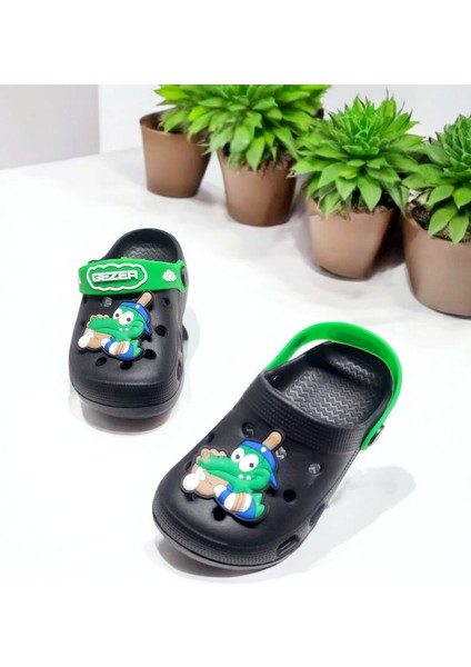 Çocuk Kemerli Yeşil Hayvan Sticker Detaylı Deniz,plaj,havuz Sandalet Terliği