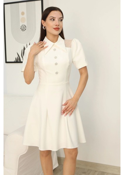 Omuz Tül Detaylı Gömlek Yaka Midi Elbise 2327-BEYAZ indirimleri