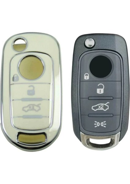 Lüx Fiat Egea Sustalı 3 Buton Nano Anahtar Kılıfı Beyaz Gümüş Silver Renk 1.ci Kalite modelleri