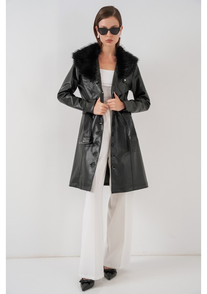 Kadın Yakası Kürklü Deri Kaban 1048 - Siyah fiyatları