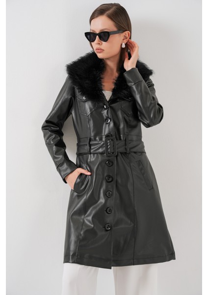 Kadın Yakası Kürklü Deri Kaban 1048 - Siyah modelleri