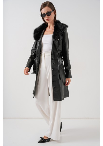 Kadın Yakası Kürklü Deri Kaban 1048 - Siyah fırsatları