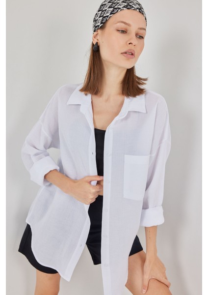 Kadın Tek Cepli Oversize Müslin Gömlek 20353 - Beyaz