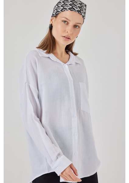 Kadın Tek Cepli Oversize Müslin Gömlek 20353 - Beyaz fırsatları