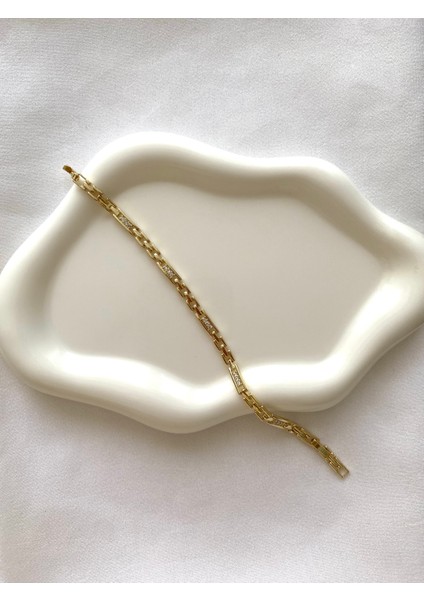 Alpjewel 316L İnce Taş Detaylı Gold Bileklik Xupıng Çelik Kararmaz