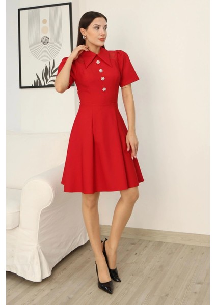 Omuz Tül Detaylı Gömlek Yaka Midi Elbise 2327-KIRMIZI