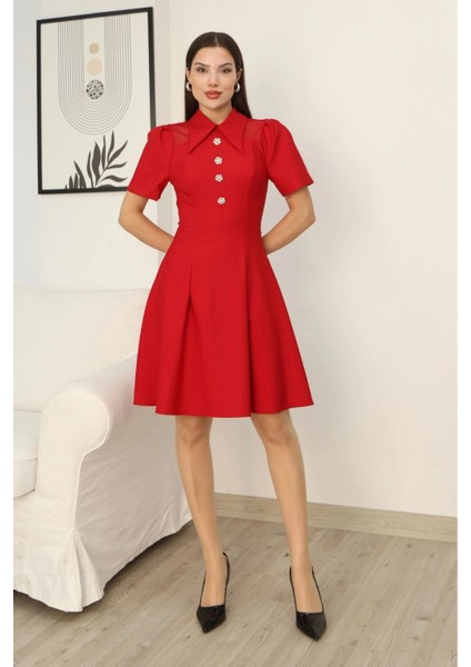 Omuz Tül Detaylı Gömlek Yaka Midi Elbise 2327-KIRMIZI fiyatları
