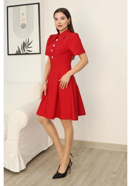 Omuz Tül Detaylı Gömlek Yaka Midi Elbise 2327-KIRMIZI modelleri