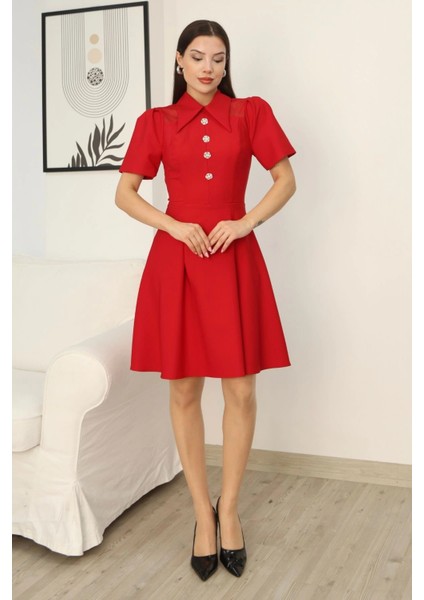 Omuz Tül Detaylı Gömlek Yaka Midi Elbise 2327-KIRMIZI fırsatları