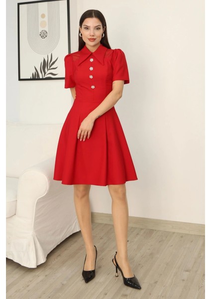 Omuz Tül Detaylı Gömlek Yaka Midi Elbise 2327-KIRMIZI indirimleri
