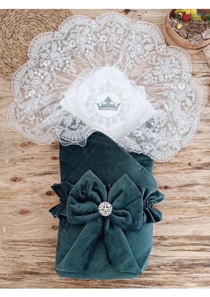 Yenidoğan Saray Kadife Taç Nakışlı Inci Fiyonklu Dantel Duvak Trilüks Kundak Bebek Battaniye Yeşil