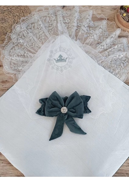 Yenidoğan Saray Kadife Taç Nakışlı Inci Fiyonklu Dantel Duvak Trilüks Kundak Bebek Battaniye Yeşil fırsatları