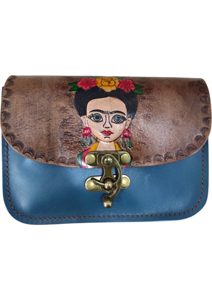 El Yapımı Hakiki Deri Frida Kahlo Desenli Mini Kadın Çapraz Çanta - El Boyaması Vintage Tarz Omuz Çantası - Sanatsal El Işçiliği Tasarım