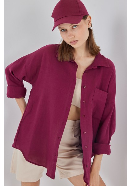Kadın Tek Cepli Oversize Müslin Gömlek 20353 - Mürdüm