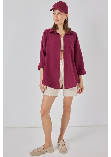 Kadın Tek Cepli Oversize Müslin Gömlek 20353 - Mürdüm fiyatları
