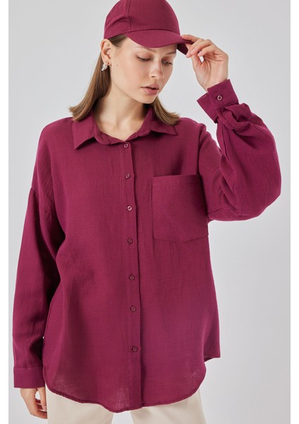 Kadın Tek Cepli Oversize Müslin Gömlek 20353 - Mürdüm modelleri