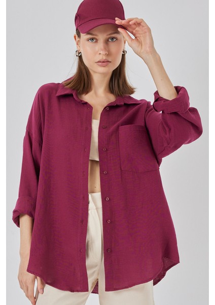 Kadın Tek Cepli Oversize Müslin Gömlek 20353 - Mürdüm fırsatları