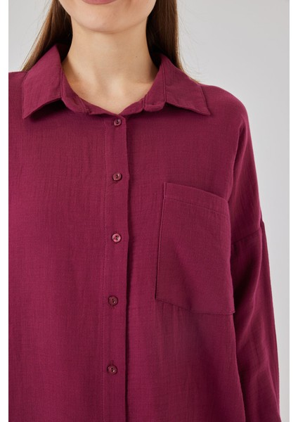 Kadın Tek Cepli Oversize Müslin Gömlek 20353 - Mürdüm indirimleri