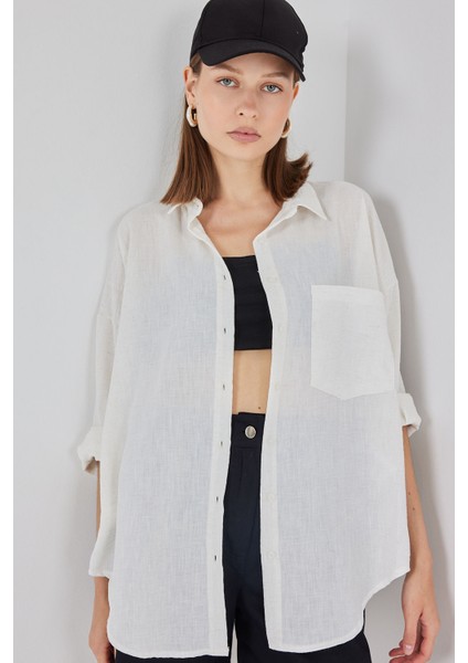 20153 Tek Cepli Oversize Keten Gömlek - Ekru
